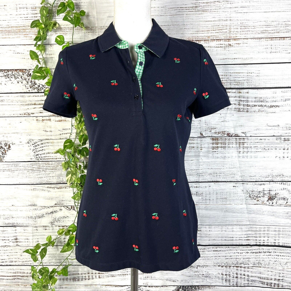 Talbots Polo Shirt size Extra Small Navy Blue red Cherries Golf Casual Vacation